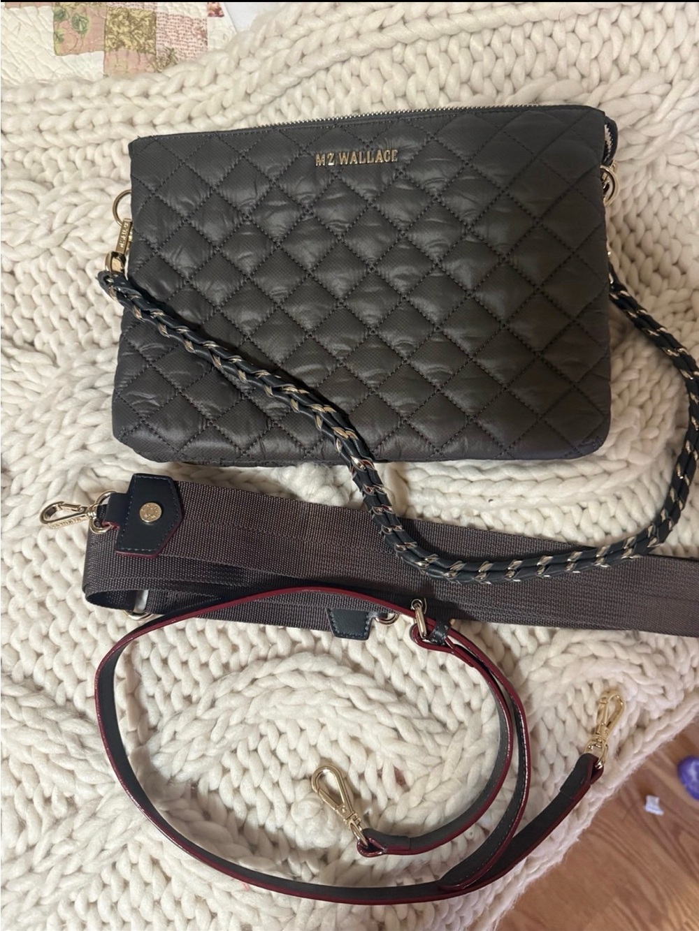 MZ Wallace Quilted Leather Crossbody Bag in Magnet with Gold Hardware